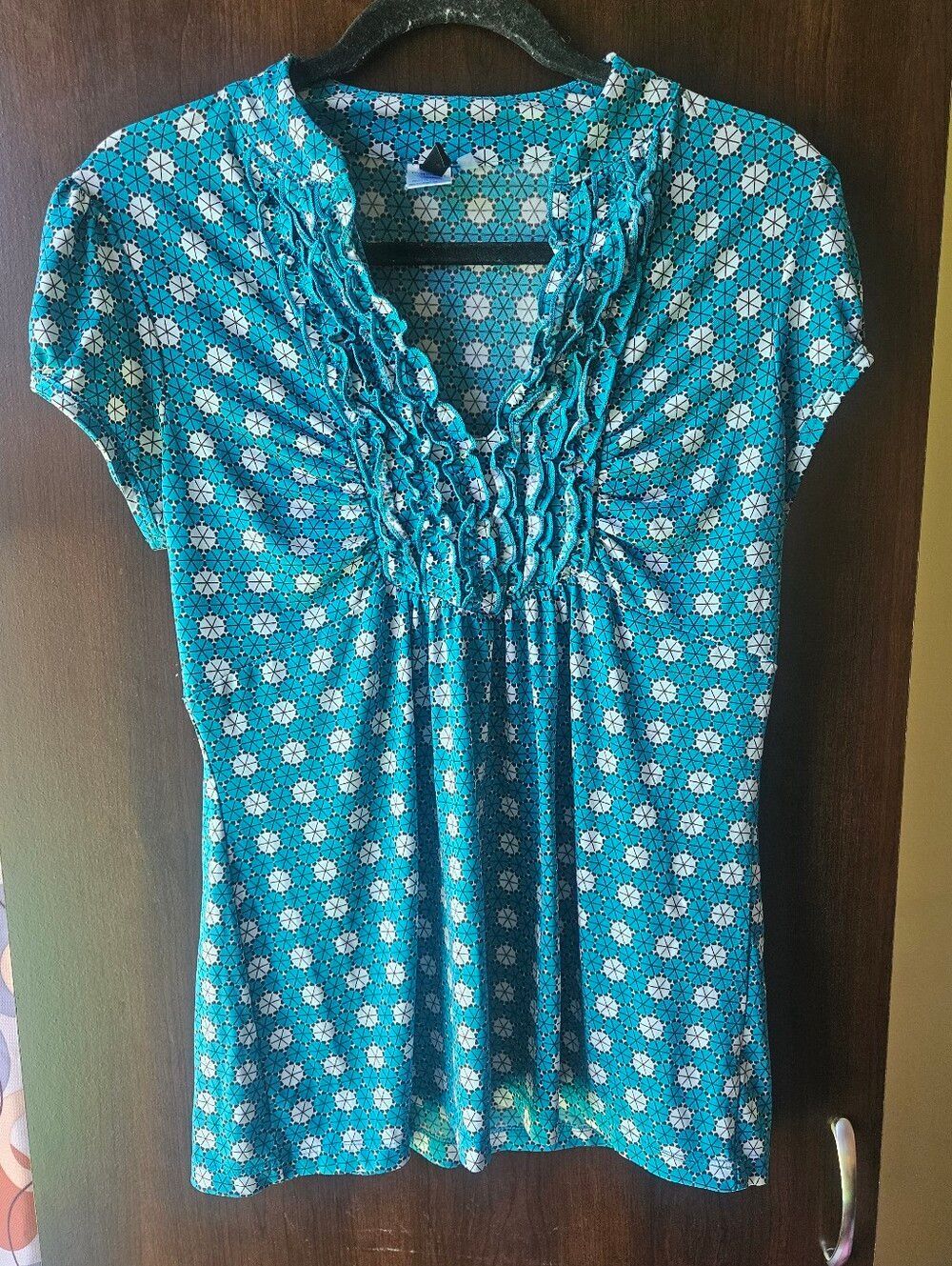 Heart Soul Blue Patterned Ruffle V-Neck Women’s Top Size XL